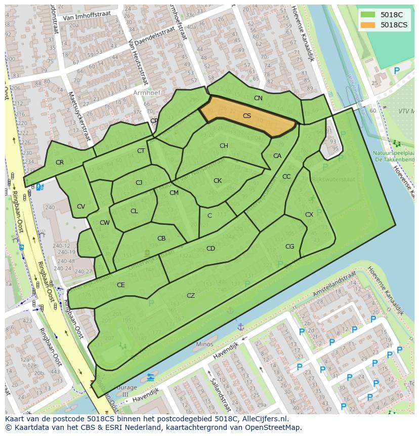Afbeelding van het postcodegebied 5018 CS op de kaart.