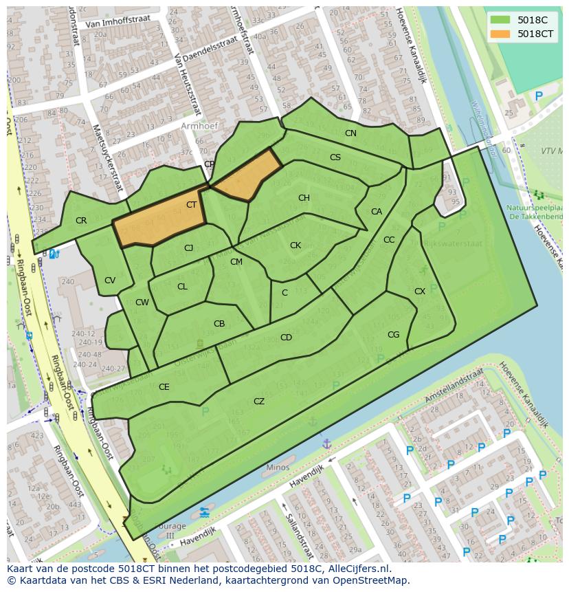 Afbeelding van het postcodegebied 5018 CT op de kaart.