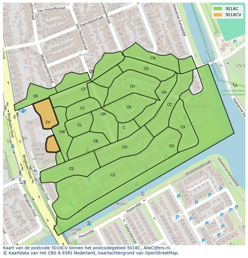 Afbeelding van het postcodegebied 5018 CV op de kaart.