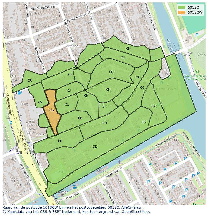 Afbeelding van het postcodegebied 5018 CW op de kaart.