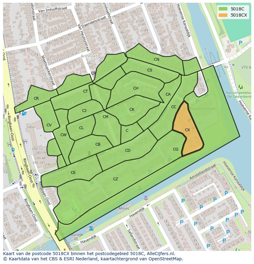 Afbeelding van het postcodegebied 5018 CX op de kaart.