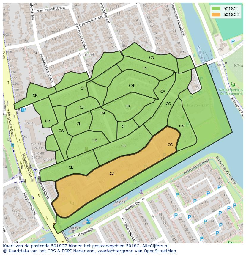 Afbeelding van het postcodegebied 5018 CZ op de kaart.