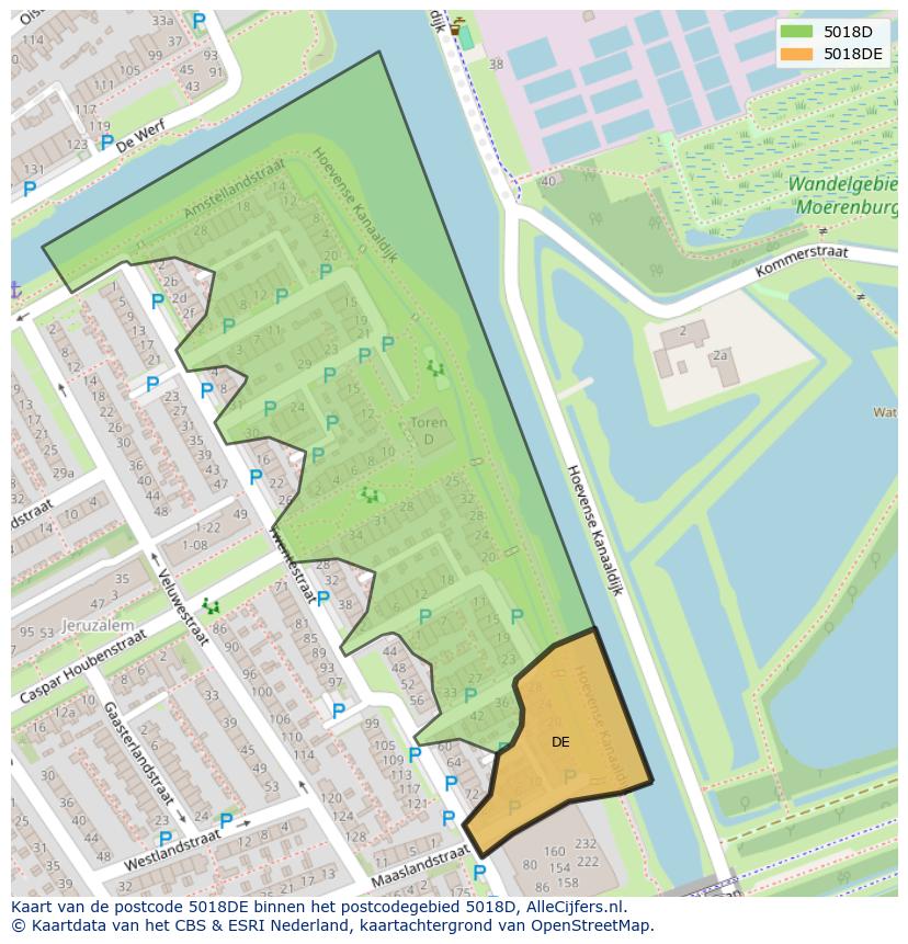 Afbeelding van het postcodegebied 5018 DE op de kaart.