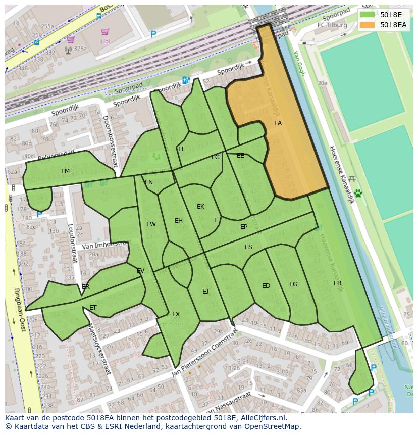 Afbeelding van het postcodegebied 5018 EA op de kaart.