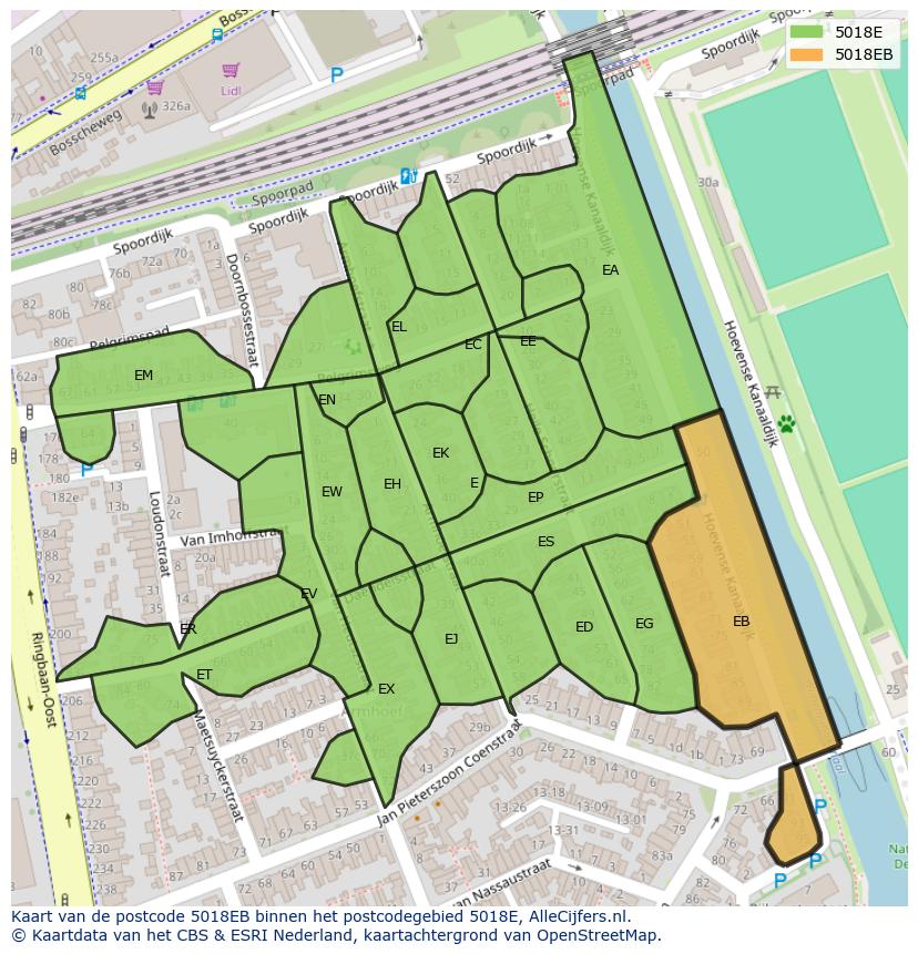 Afbeelding van het postcodegebied 5018 EB op de kaart.