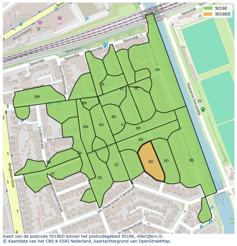 Afbeelding van het postcodegebied 5018 ED op de kaart.