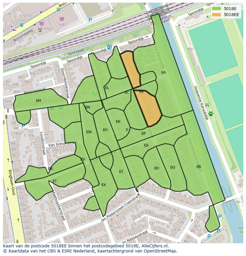 Afbeelding van het postcodegebied 5018 EE op de kaart.