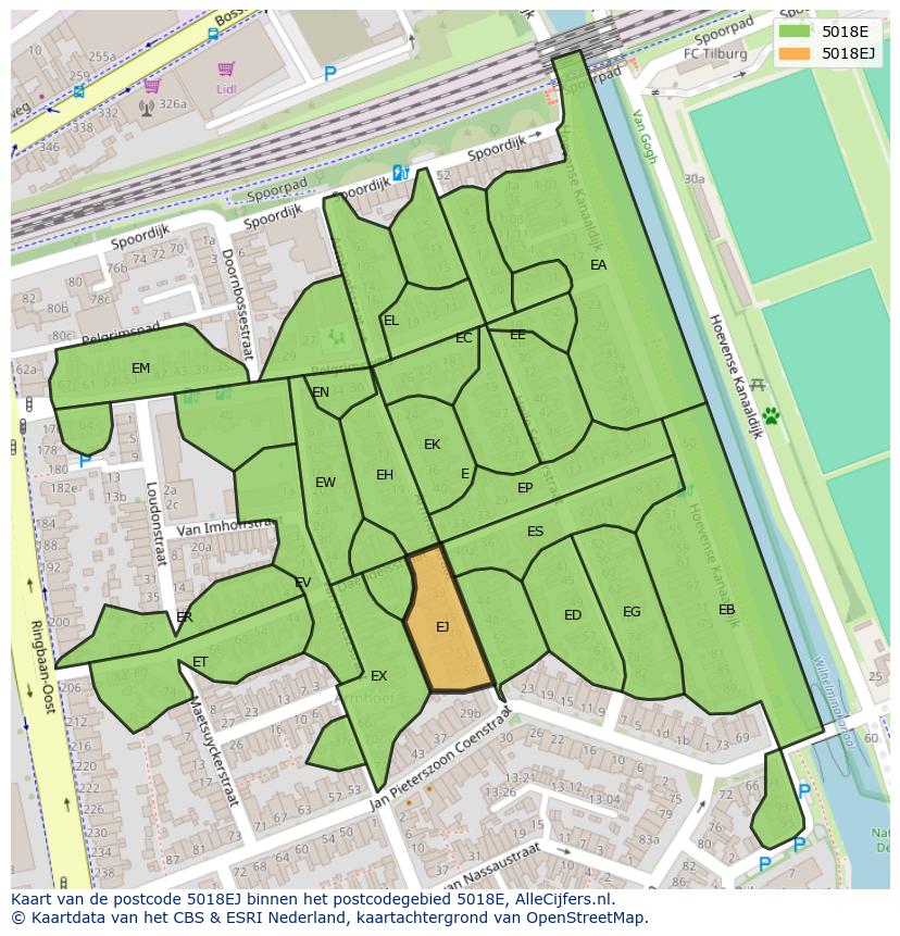 Afbeelding van het postcodegebied 5018 EJ op de kaart.