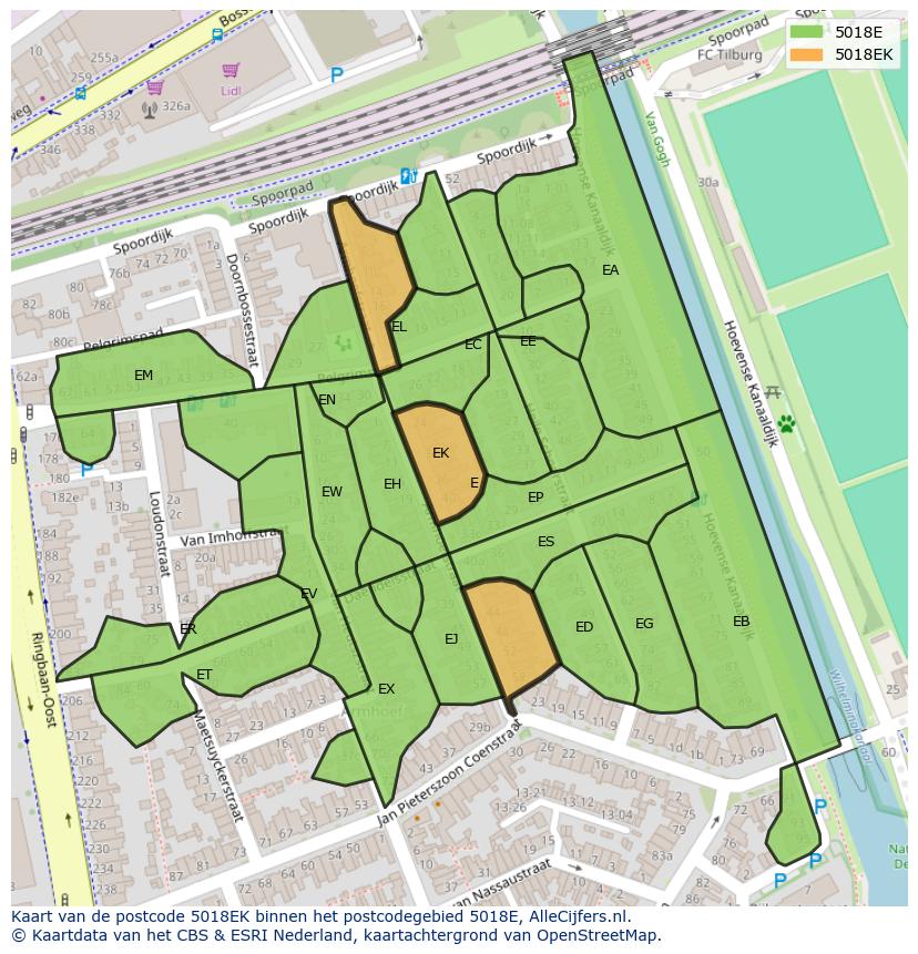 Afbeelding van het postcodegebied 5018 EK op de kaart.