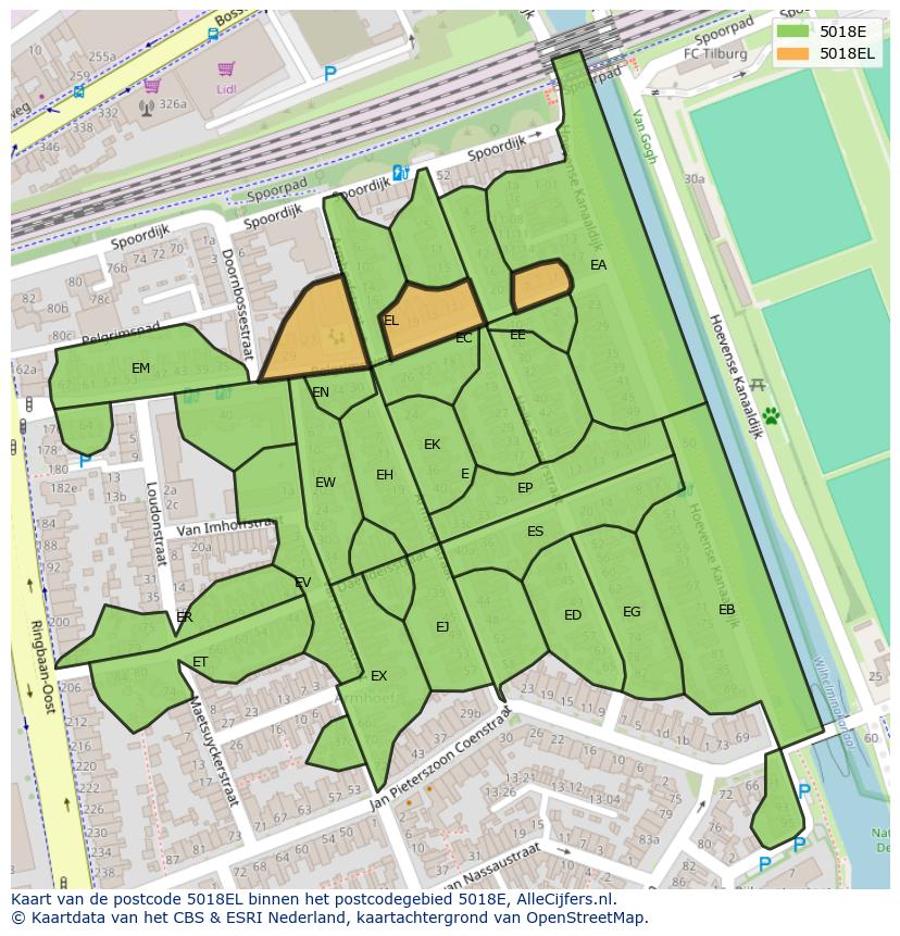 Afbeelding van het postcodegebied 5018 EL op de kaart.