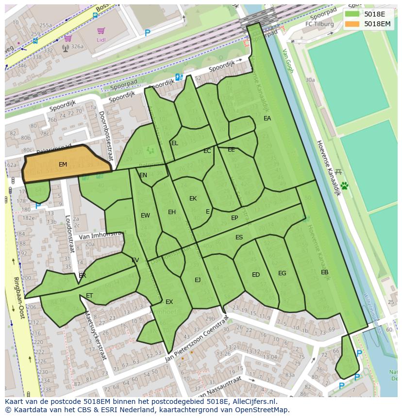 Afbeelding van het postcodegebied 5018 EM op de kaart.