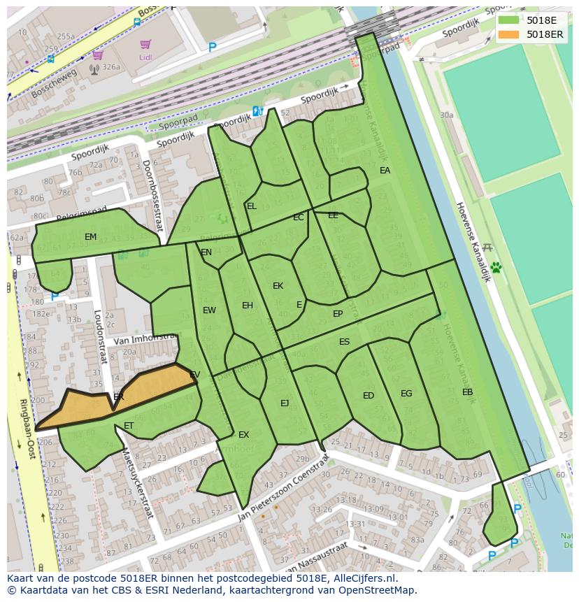 Afbeelding van het postcodegebied 5018 ER op de kaart.