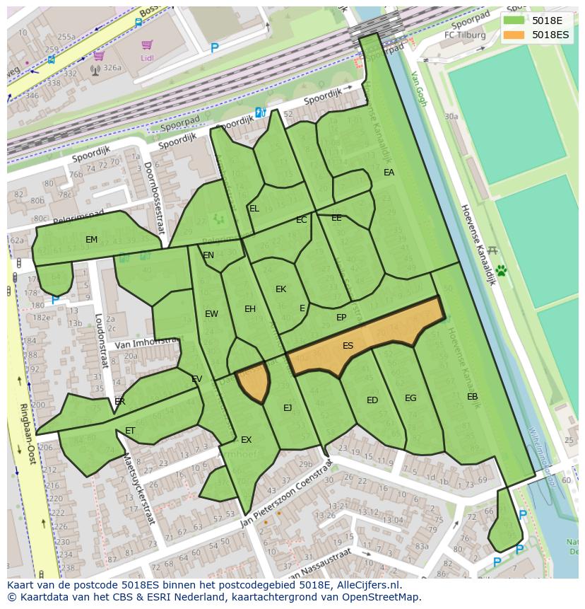 Afbeelding van het postcodegebied 5018 ES op de kaart.