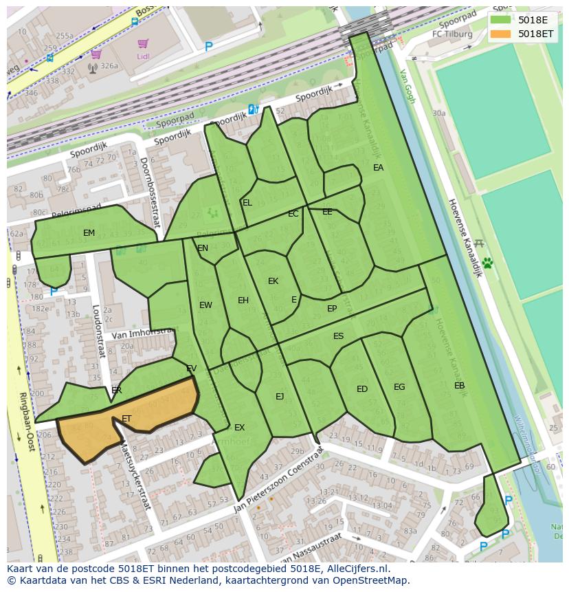 Afbeelding van het postcodegebied 5018 ET op de kaart.