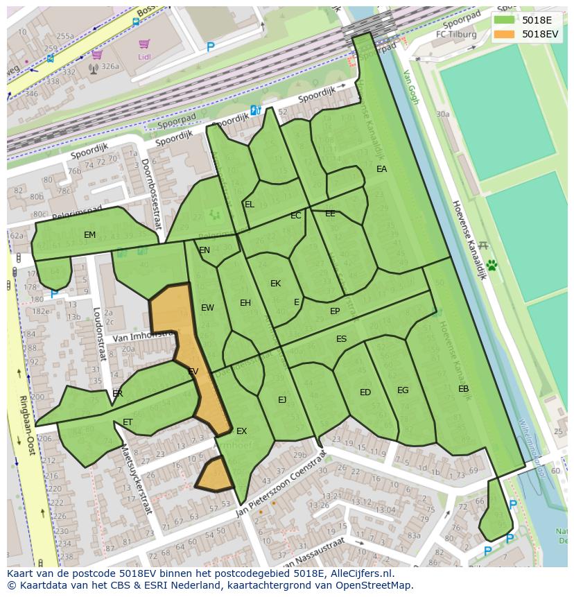 Afbeelding van het postcodegebied 5018 EV op de kaart.
