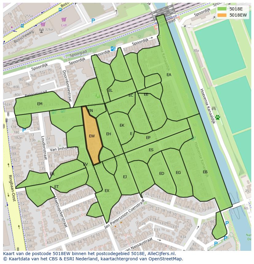 Afbeelding van het postcodegebied 5018 EW op de kaart.