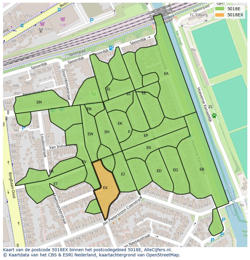 Afbeelding van het postcodegebied 5018 EX op de kaart.
