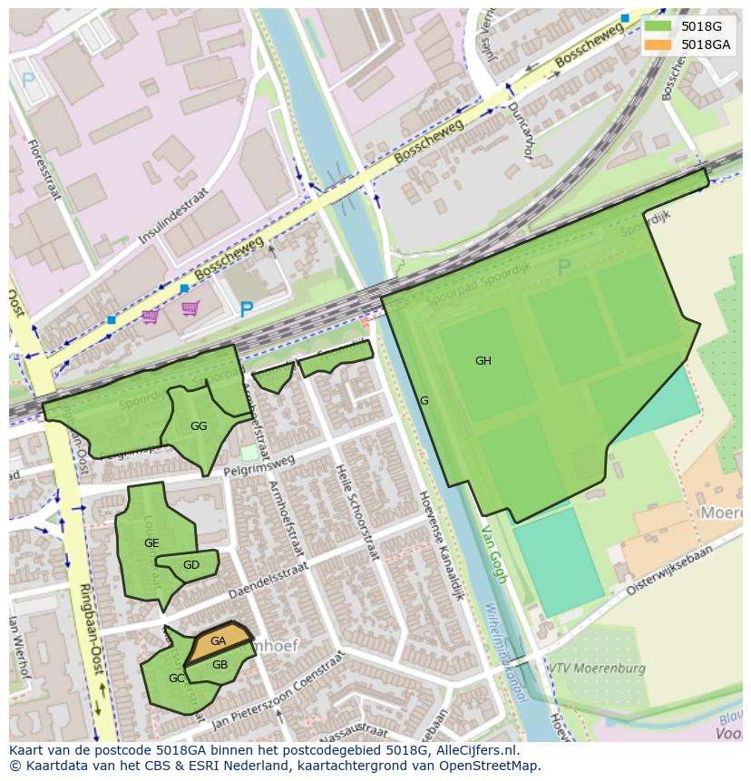 Afbeelding van het postcodegebied 5018 GA op de kaart.