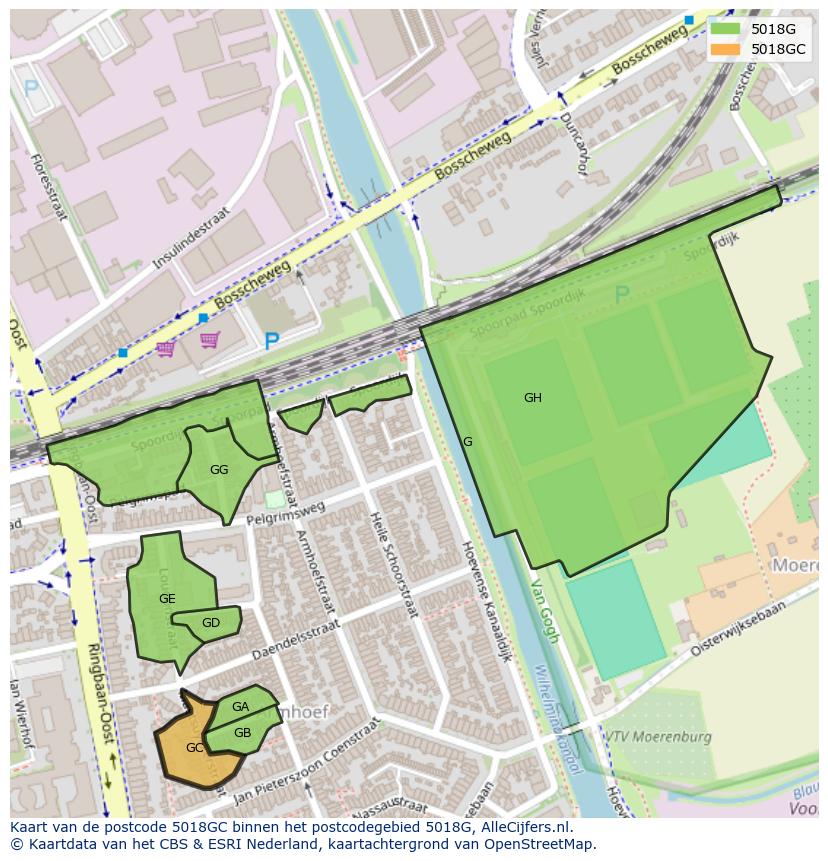 Afbeelding van het postcodegebied 5018 GC op de kaart.