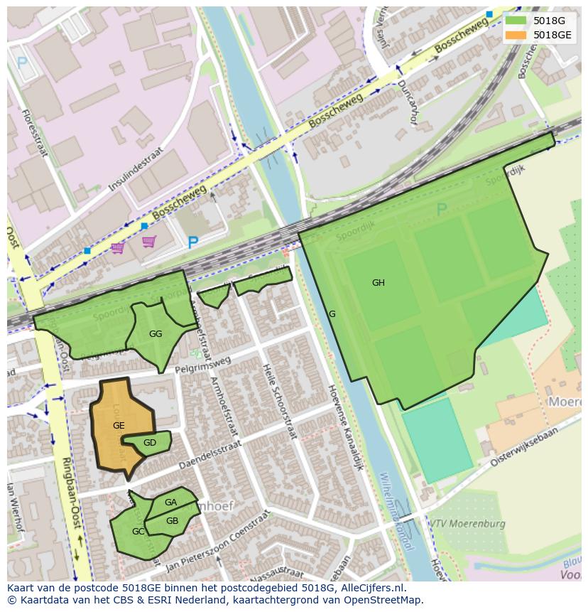 Afbeelding van het postcodegebied 5018 GE op de kaart.