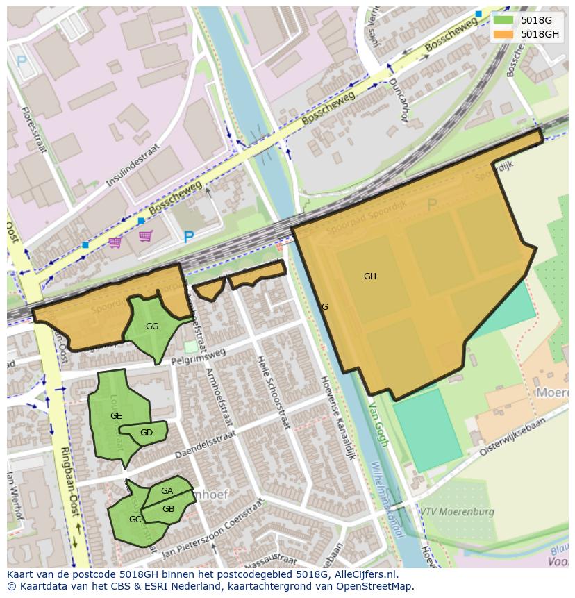 Afbeelding van het postcodegebied 5018 GH op de kaart.