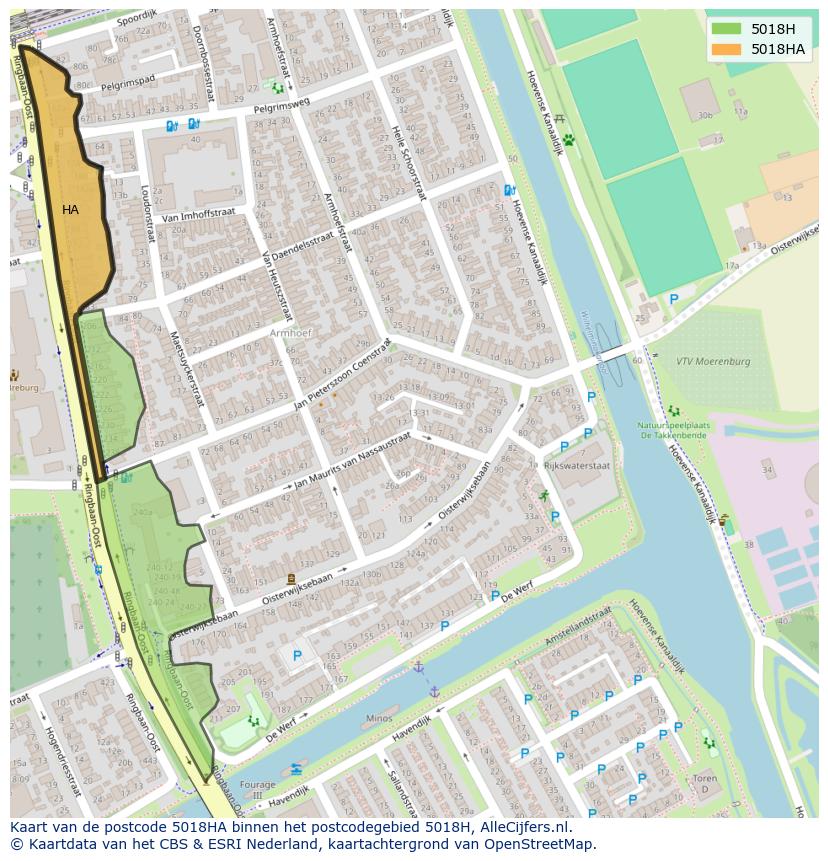 Afbeelding van het postcodegebied 5018 HA op de kaart.