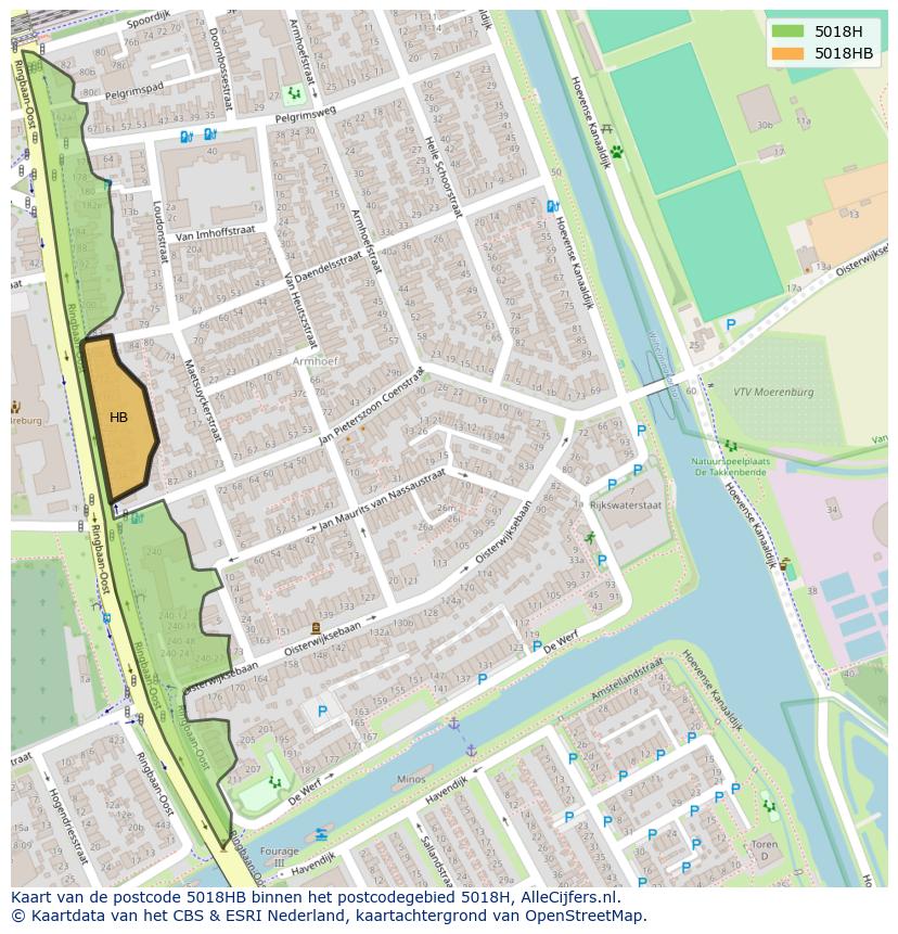 Afbeelding van het postcodegebied 5018 HB op de kaart.