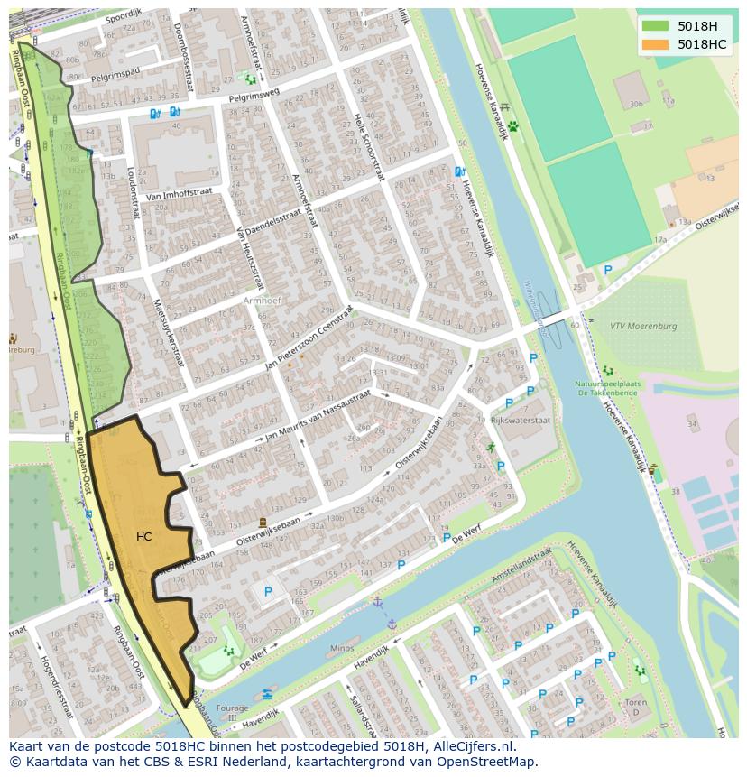 Afbeelding van het postcodegebied 5018 HC op de kaart.