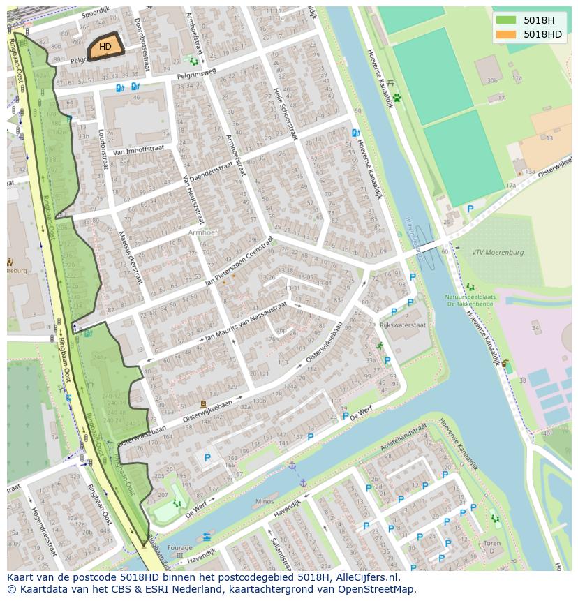 Afbeelding van het postcodegebied 5018 HD op de kaart.