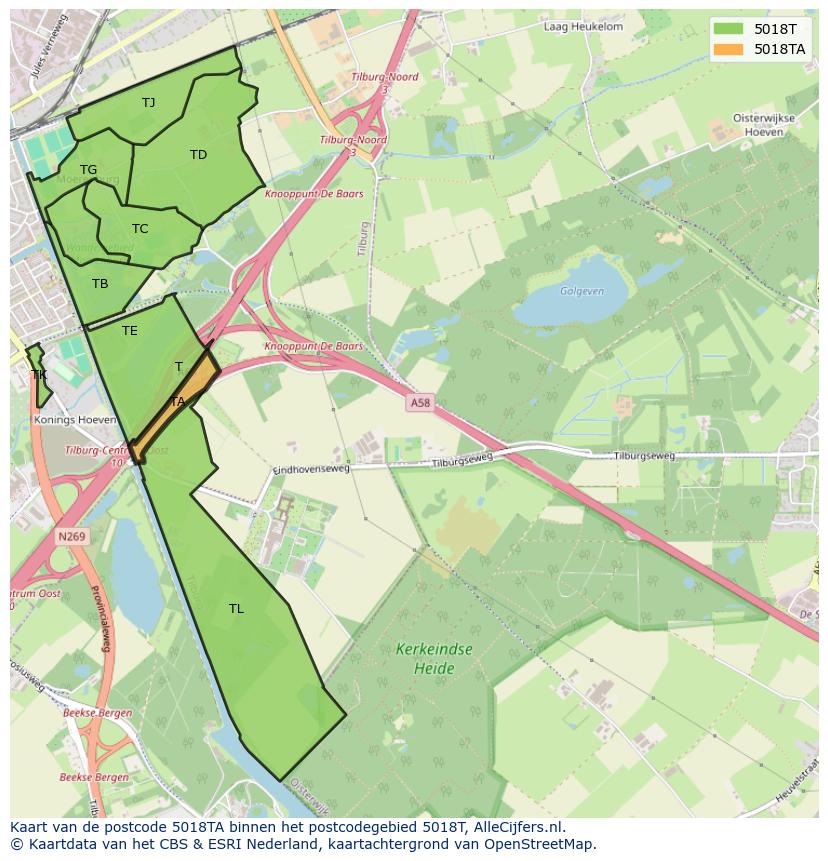 Afbeelding van het postcodegebied 5018 TA op de kaart.