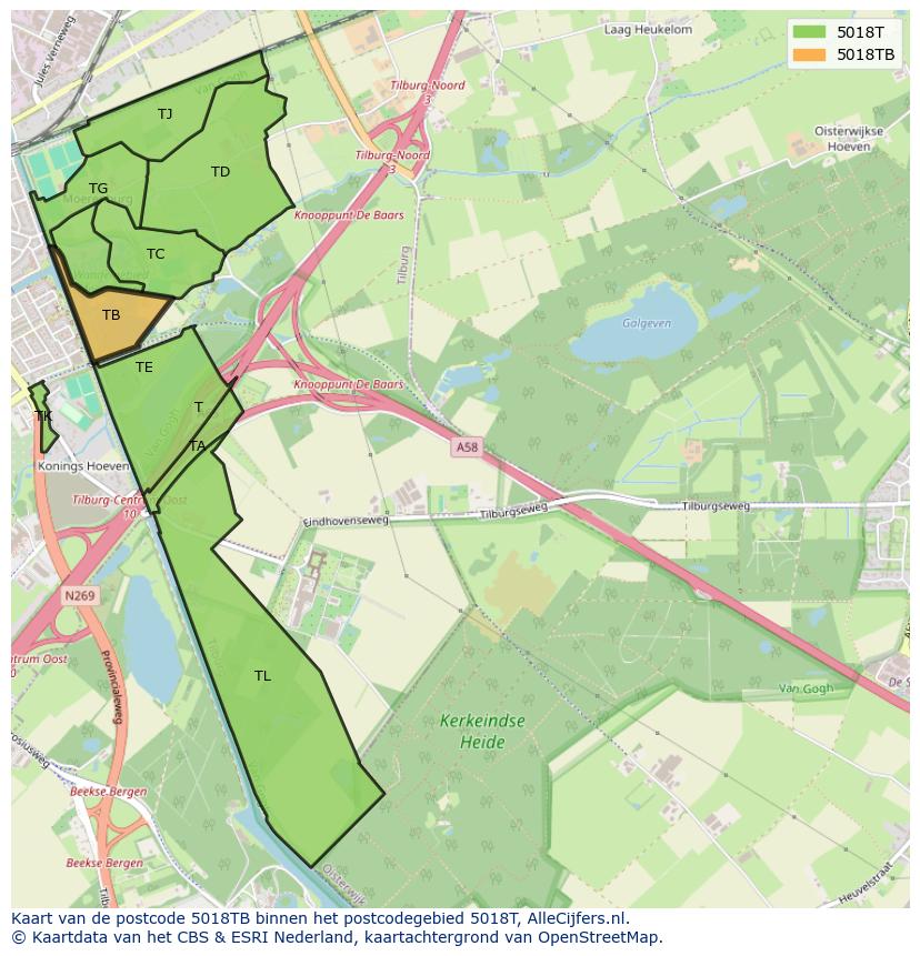 Afbeelding van het postcodegebied 5018 TB op de kaart.