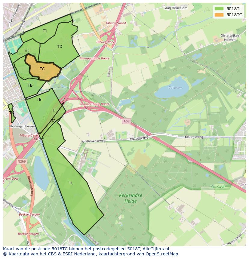 Afbeelding van het postcodegebied 5018 TC op de kaart.