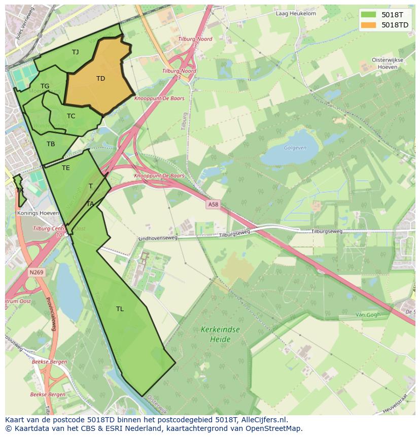 Afbeelding van het postcodegebied 5018 TD op de kaart.