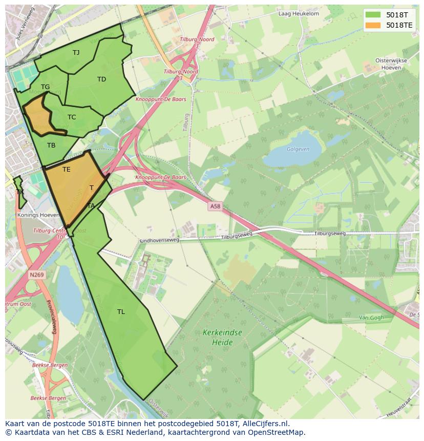 Afbeelding van het postcodegebied 5018 TE op de kaart.