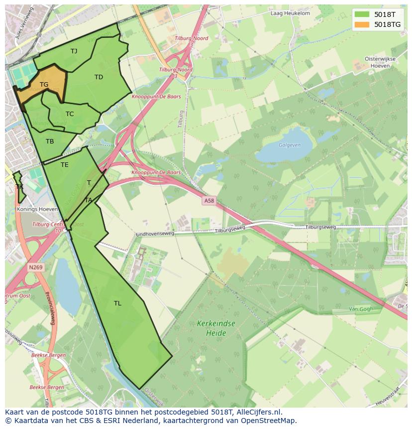 Afbeelding van het postcodegebied 5018 TG op de kaart.