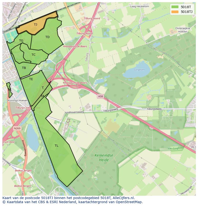 Afbeelding van het postcodegebied 5018 TJ op de kaart.