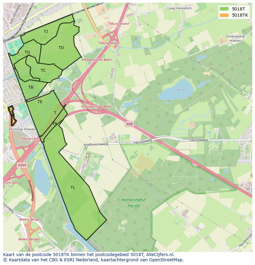 Afbeelding van het postcodegebied 5018 TK op de kaart.