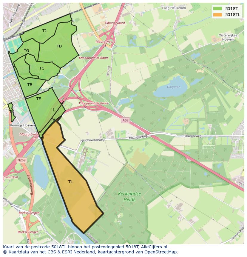 Afbeelding van het postcodegebied 5018 TL op de kaart.