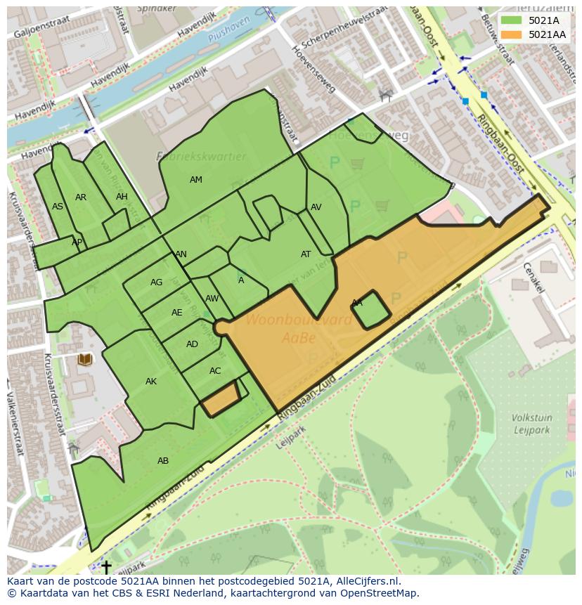 Afbeelding van het postcodegebied 5021 AA op de kaart.