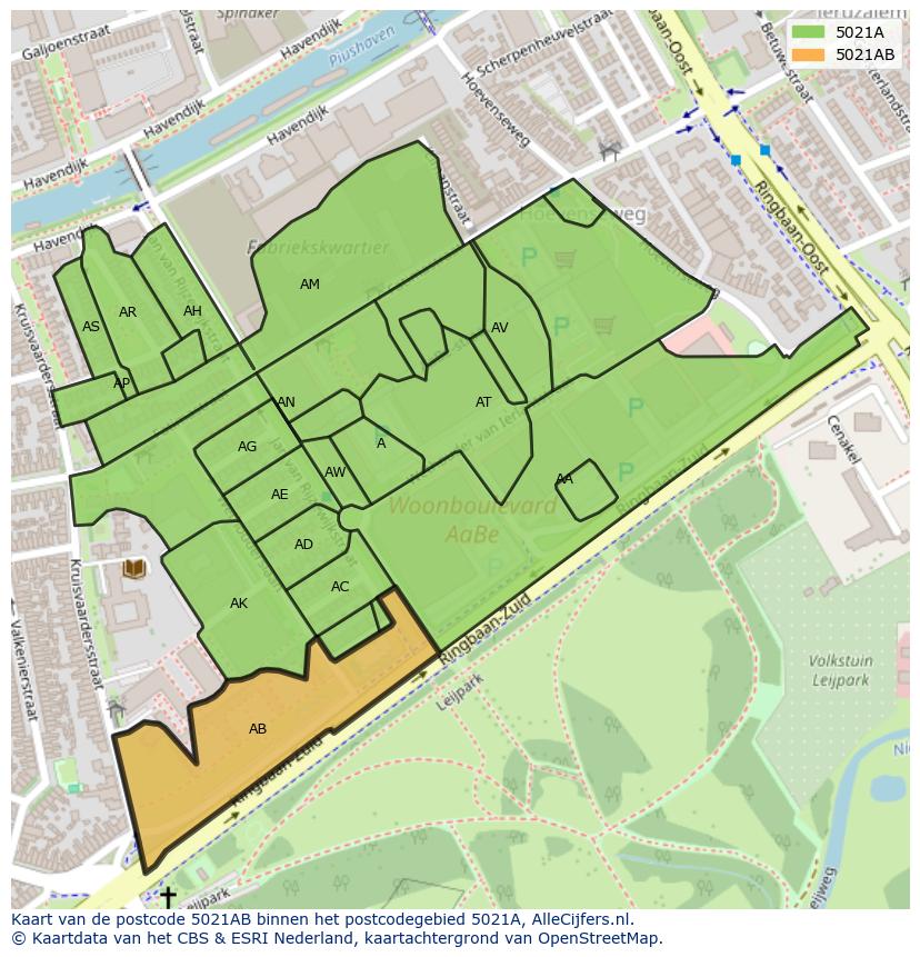 Afbeelding van het postcodegebied 5021 AB op de kaart.