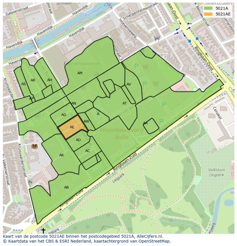Afbeelding van het postcodegebied 5021 AE op de kaart.