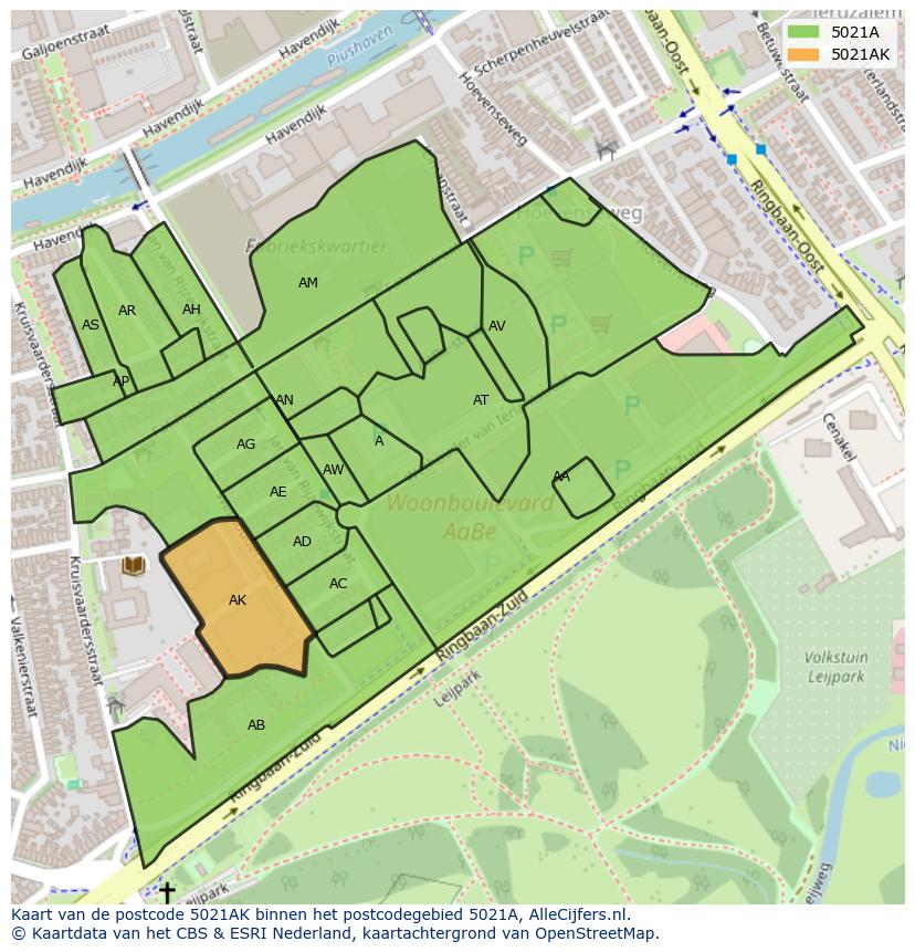 Afbeelding van het postcodegebied 5021 AK op de kaart.