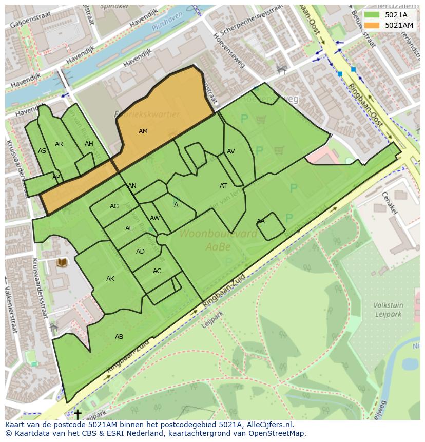 Afbeelding van het postcodegebied 5021 AM op de kaart.