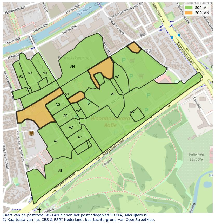 Afbeelding van het postcodegebied 5021 AN op de kaart.