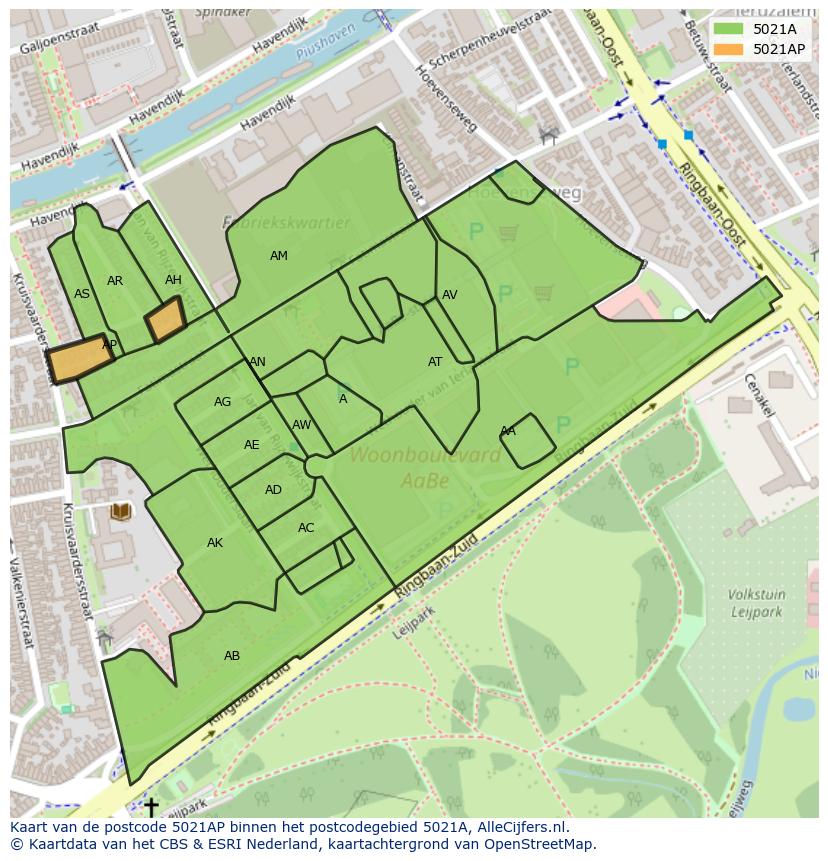 Afbeelding van het postcodegebied 5021 AP op de kaart.