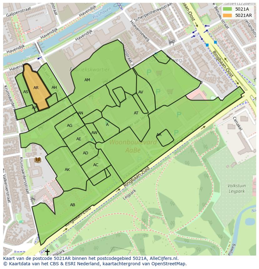 Afbeelding van het postcodegebied 5021 AR op de kaart.