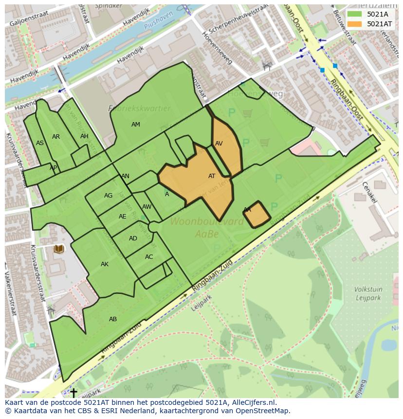 Afbeelding van het postcodegebied 5021 AT op de kaart.