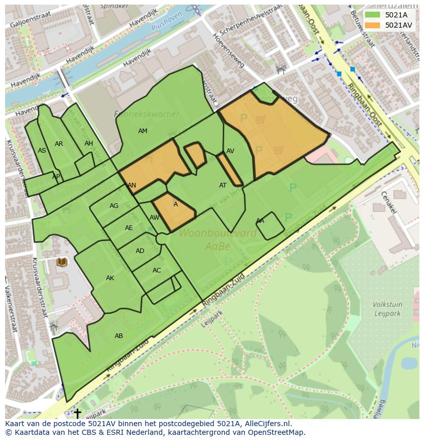 Afbeelding van het postcodegebied 5021 AV op de kaart.