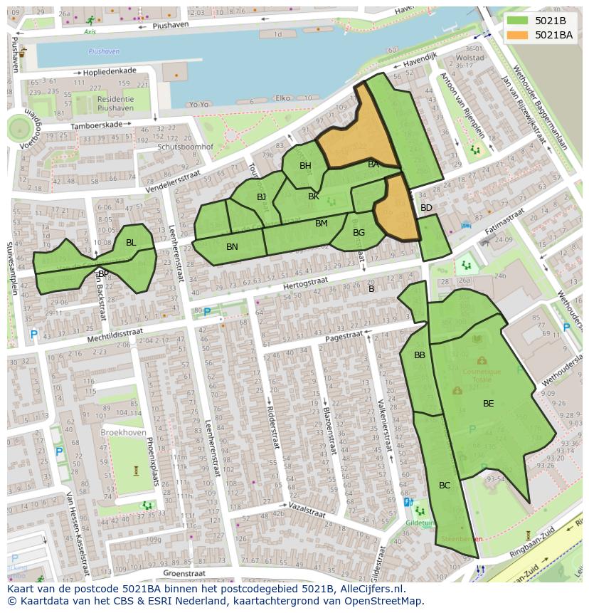 Afbeelding van het postcodegebied 5021 BA op de kaart.
