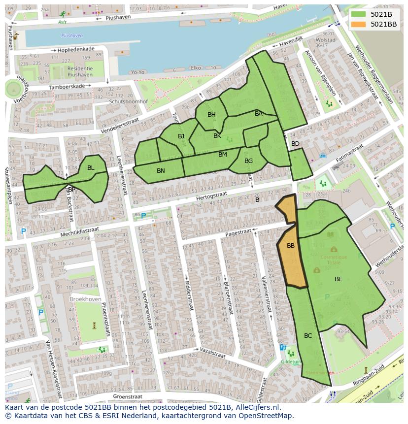 Afbeelding van het postcodegebied 5021 BB op de kaart.
